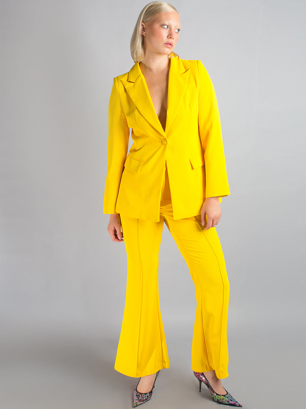 Yellow Notched Lapel Single Button Blazer Flared Pants Set