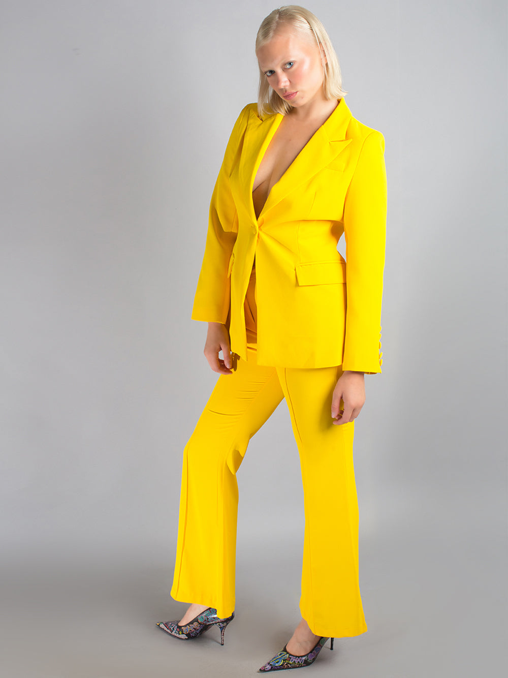 Yellow Notched Lapel Single Button Blazer Flared Pants Set 3