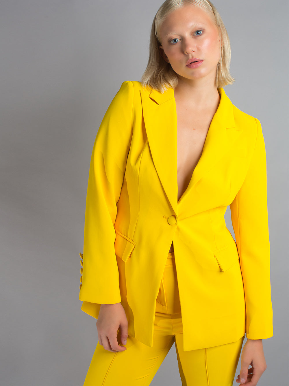 Yellow Notched Lapel Single Button Blazer Flared Pants Set 4