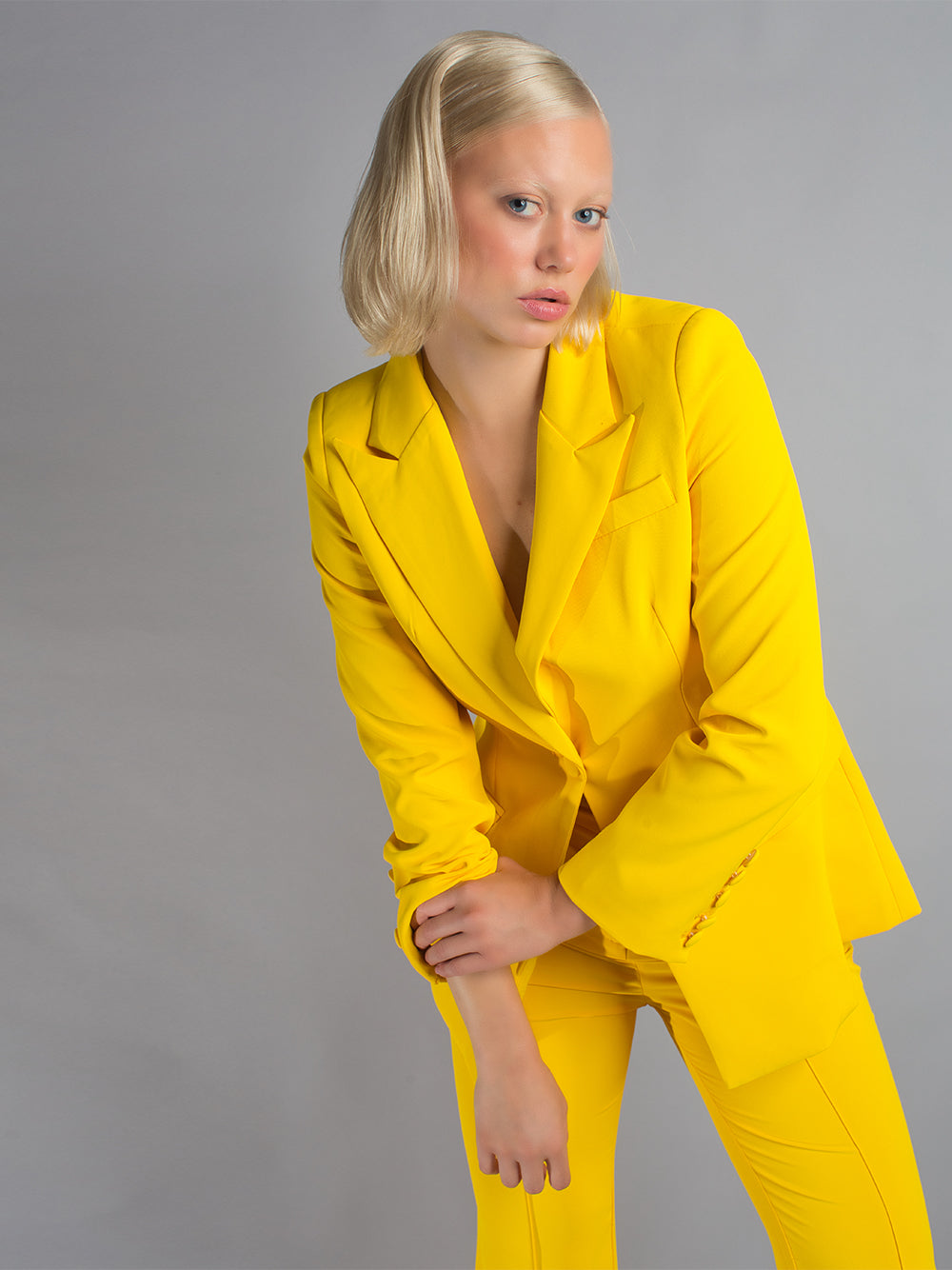 Yellow Notched Lapel Single Button Blazer Flared Pants Set 5