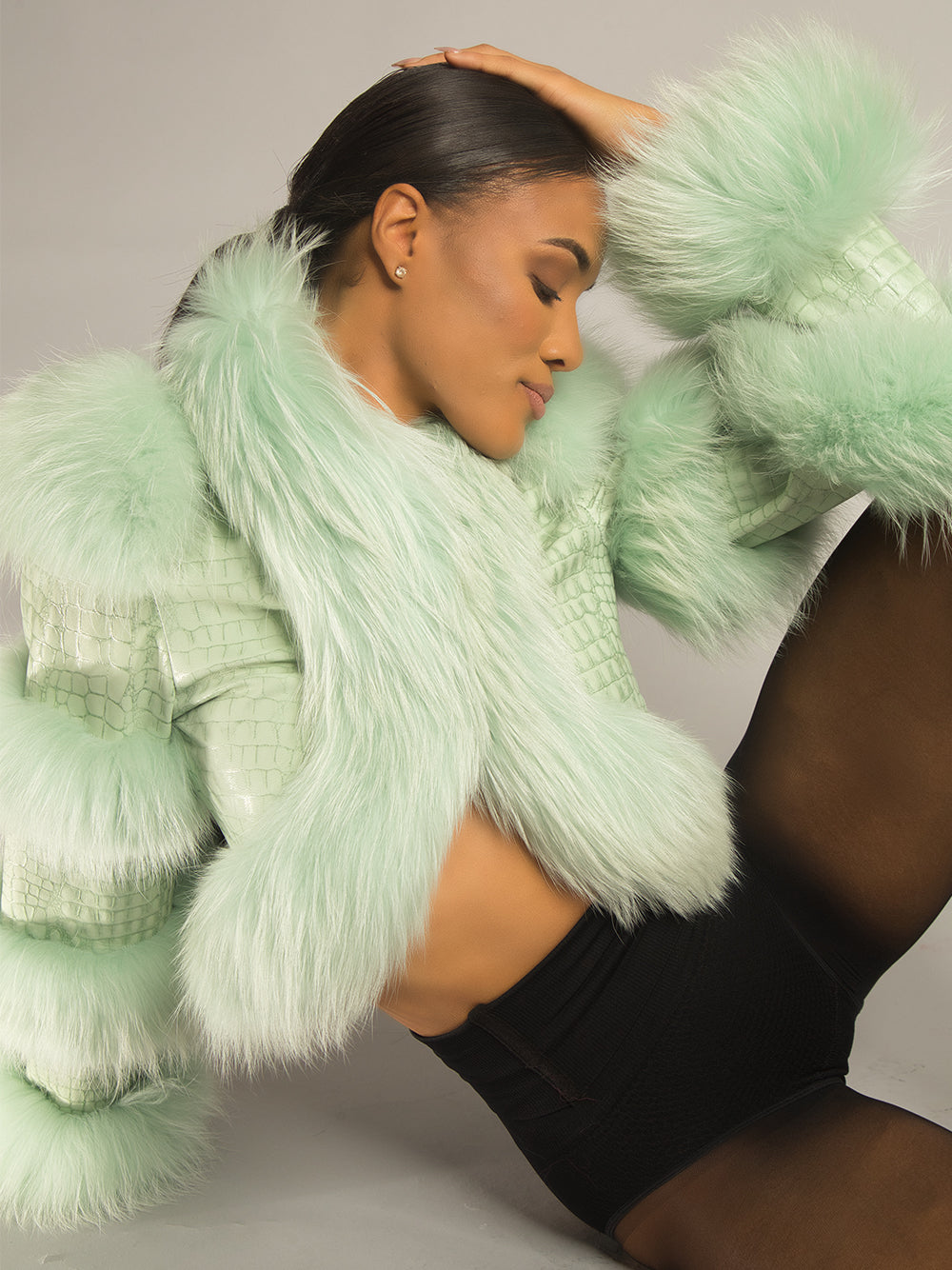 Light Green Faux Fur Trim Croc-Embossed Leather Cropped Jacket