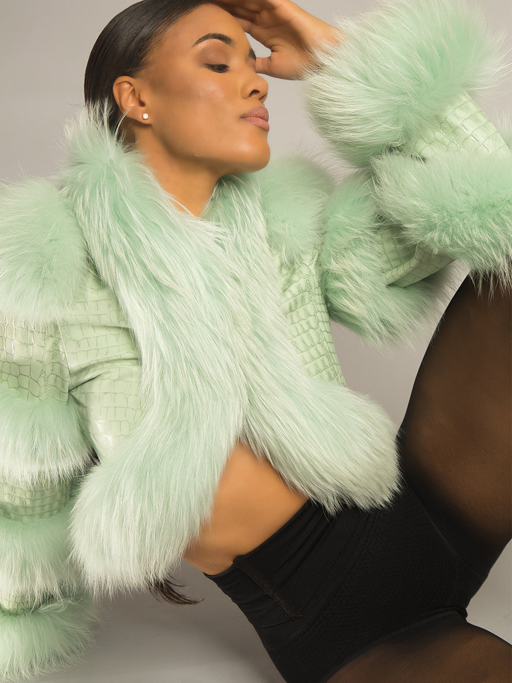 Light Green Faux Fur Trim Croc-Embossed Leather Cropped Jacket