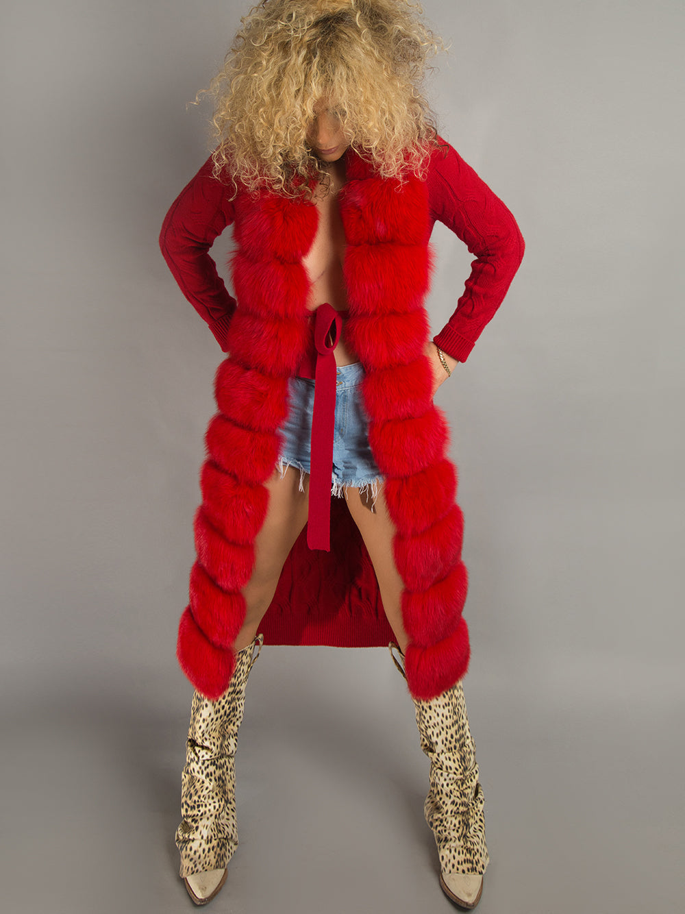 Red Fur Trim Cable Knit Longline Cardigan 7