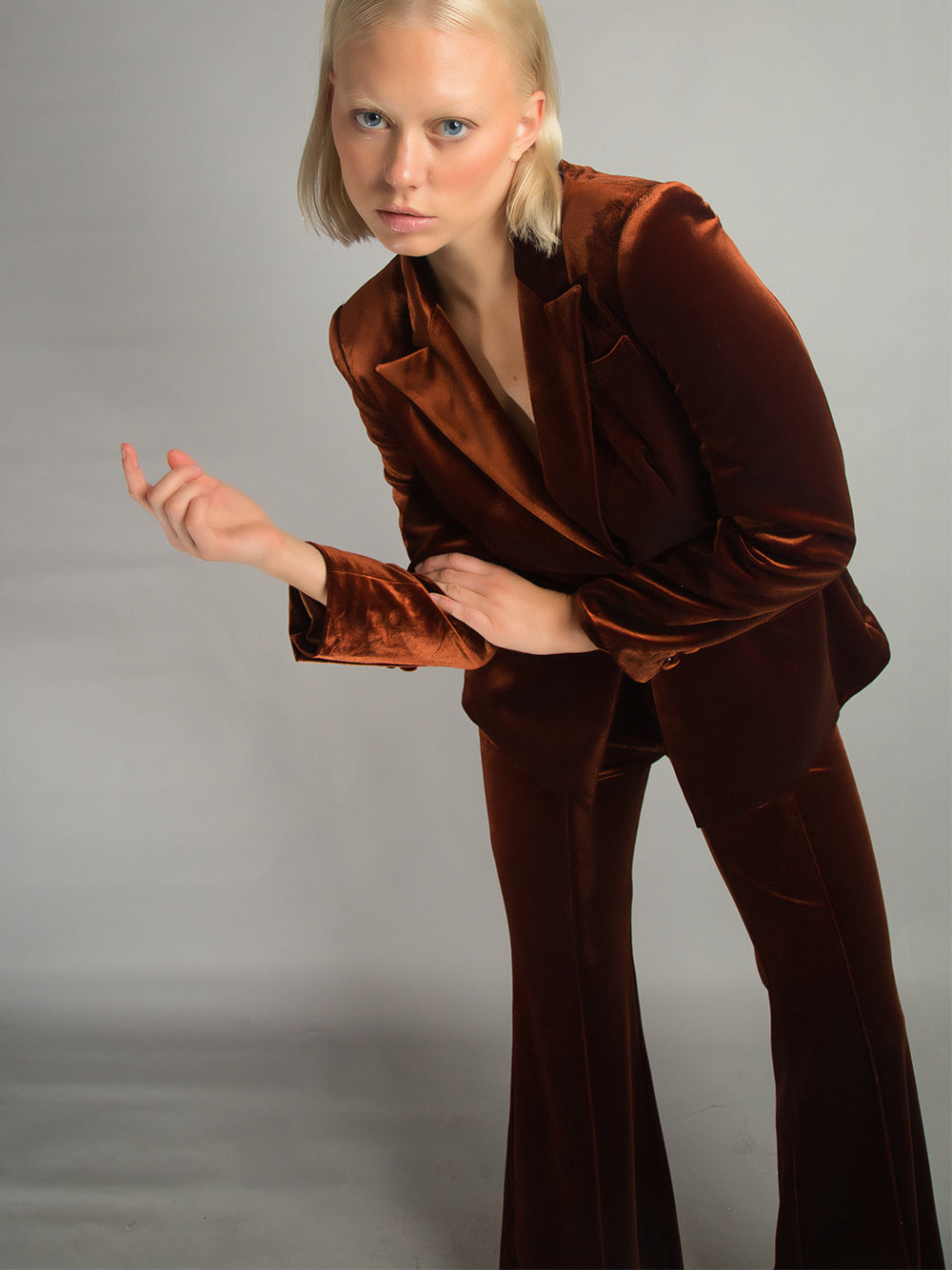 Brown Peak Lapel Velvet Blazer Flared Pants Set
