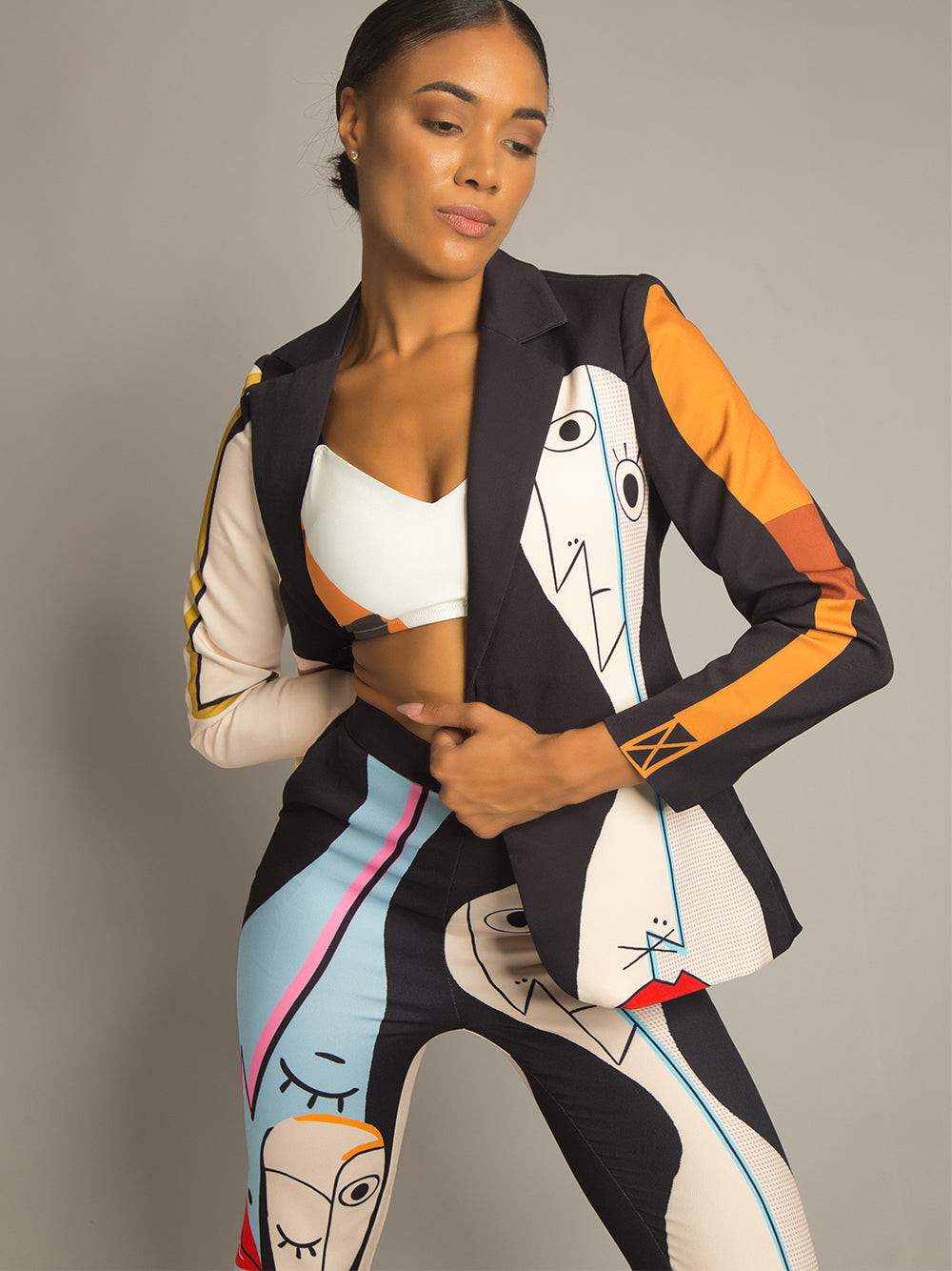 Black Abstract Art Print Blazer And Pants Matching Set