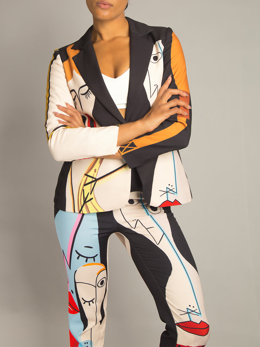 Black Abstract Art Print Blazer And Pants Matching Set