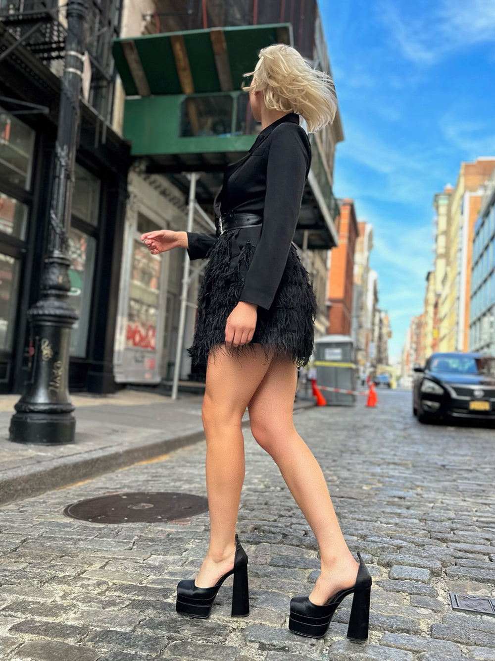 Black Shawl Collar Belted Feather Trim Long Sleeve Blazer Mini Dress