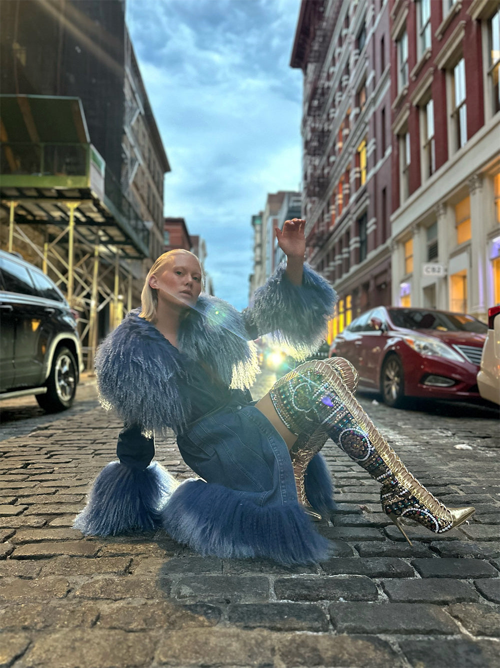 Denim Denim Shaggy Shearling Fur Collar Coat 15