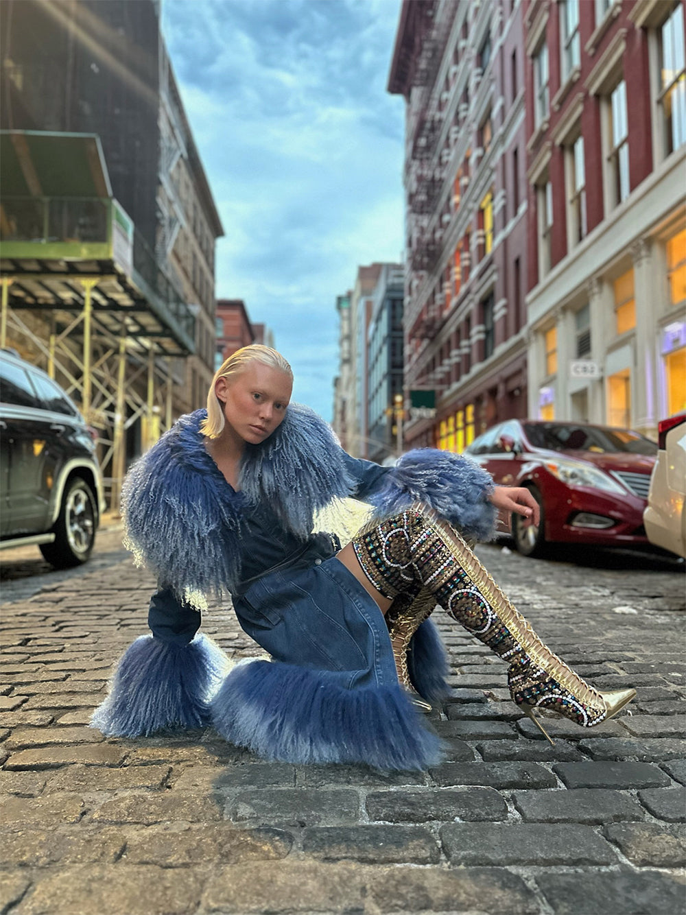 Denim Denim Shaggy Shearling Fur Collar Coat 17