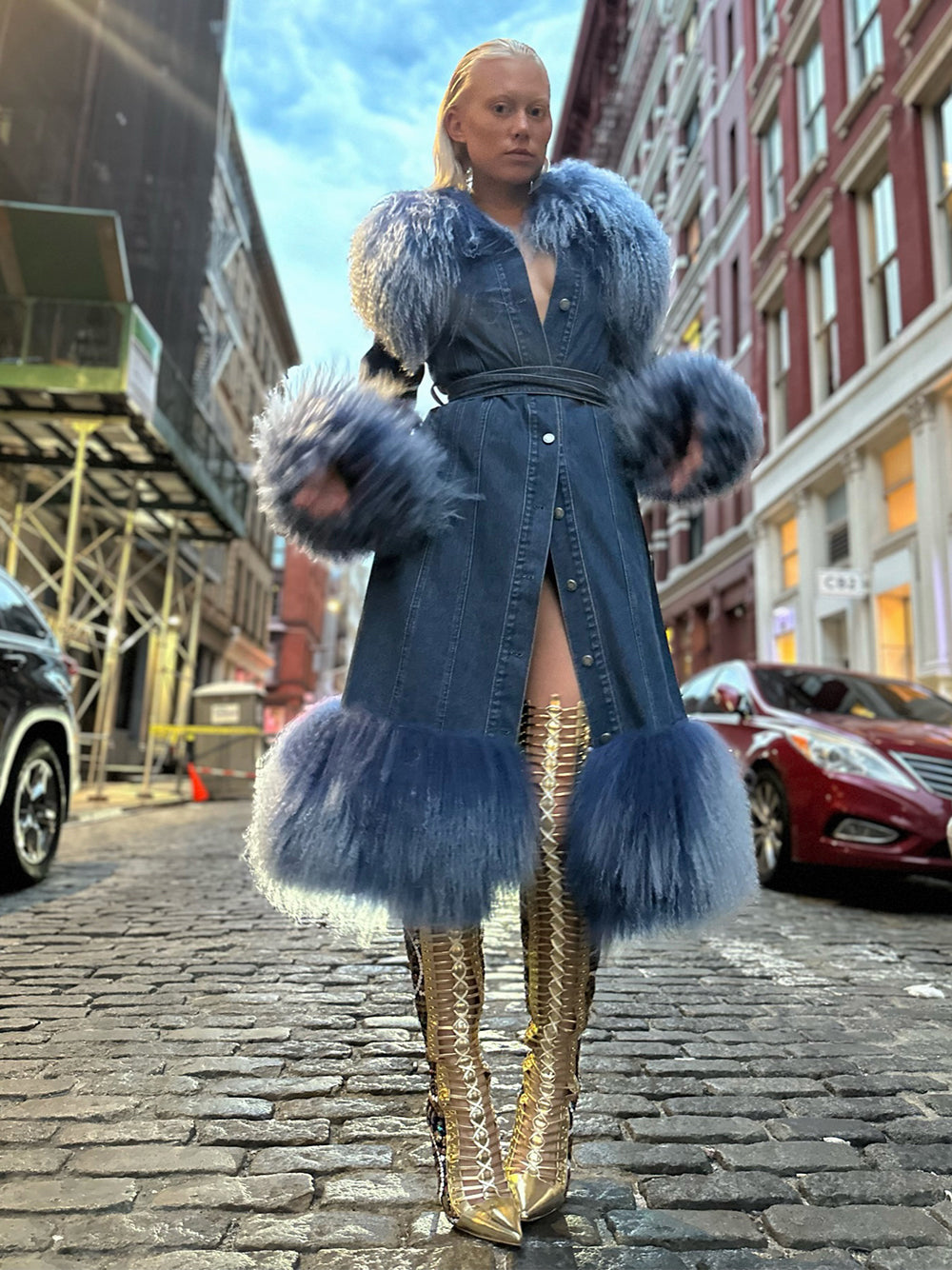 Denim Denim Shaggy Shearling Fur Collar Coat 22