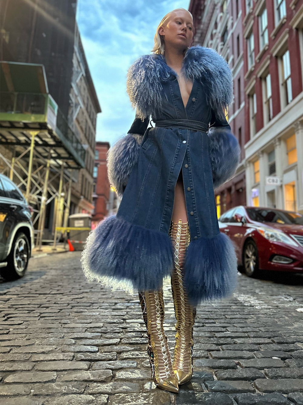 Denim Denim Shaggy Shearling Fur Collar Coat 25