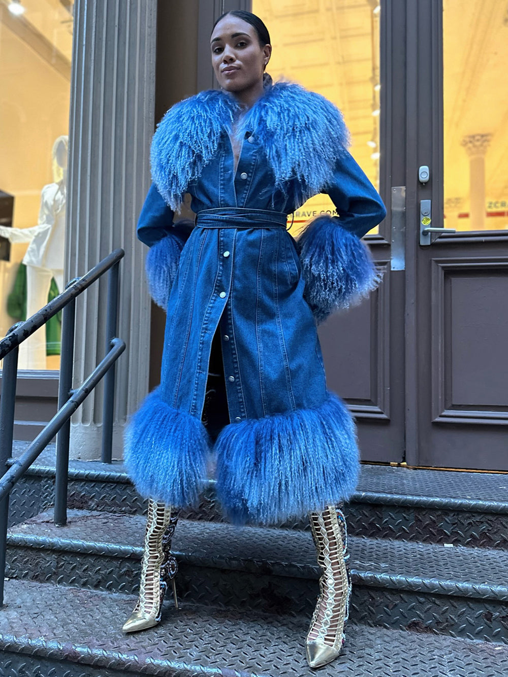 Denim Denim Shaggy Shearling Fur Collar Coat 30