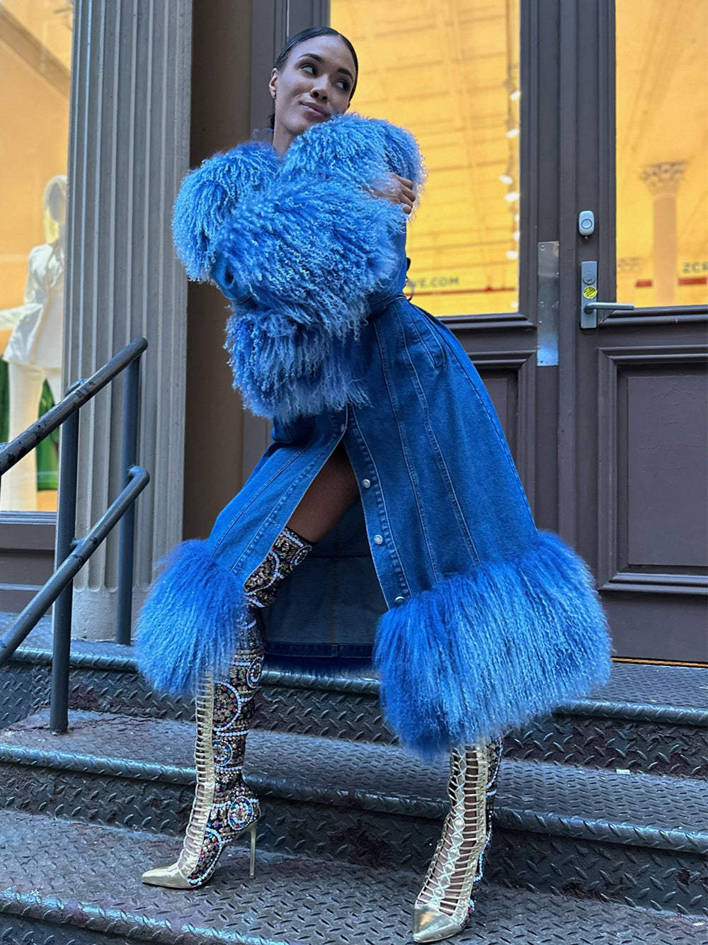 Denim Denim Shaggy Shearling Fur Collar Coat 28