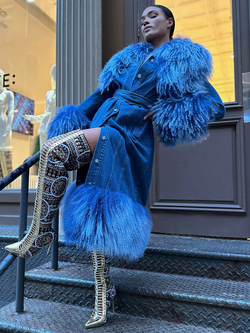 Denim Denim Shaggy Shearling Fur Collar Coat 26