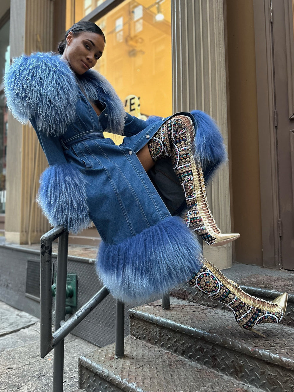 Denim Denim Shaggy Shearling Fur Collar Coat 21
