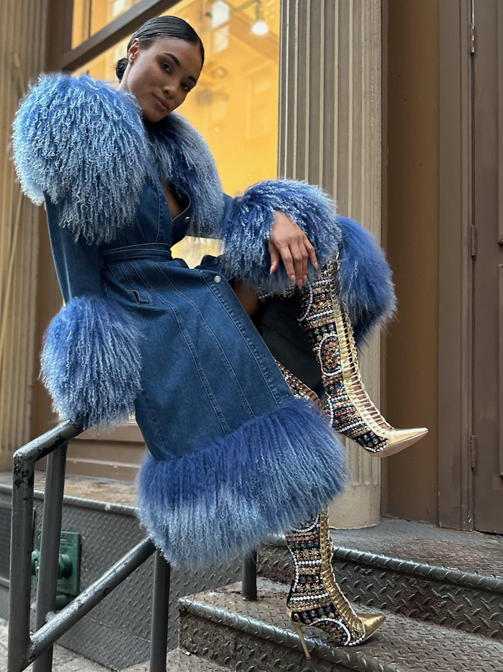 Denim Denim Shaggy Shearling Fur Collar Coat 19