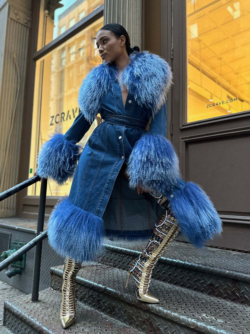 Denim Denim Shaggy Shearling Fur Collar Coat 23
