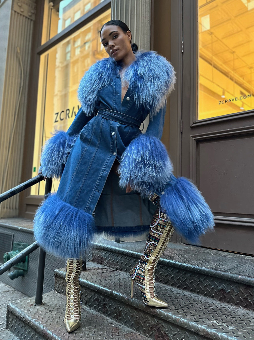 Denim Denim Shaggy Shearling Fur Collar Coat 29
