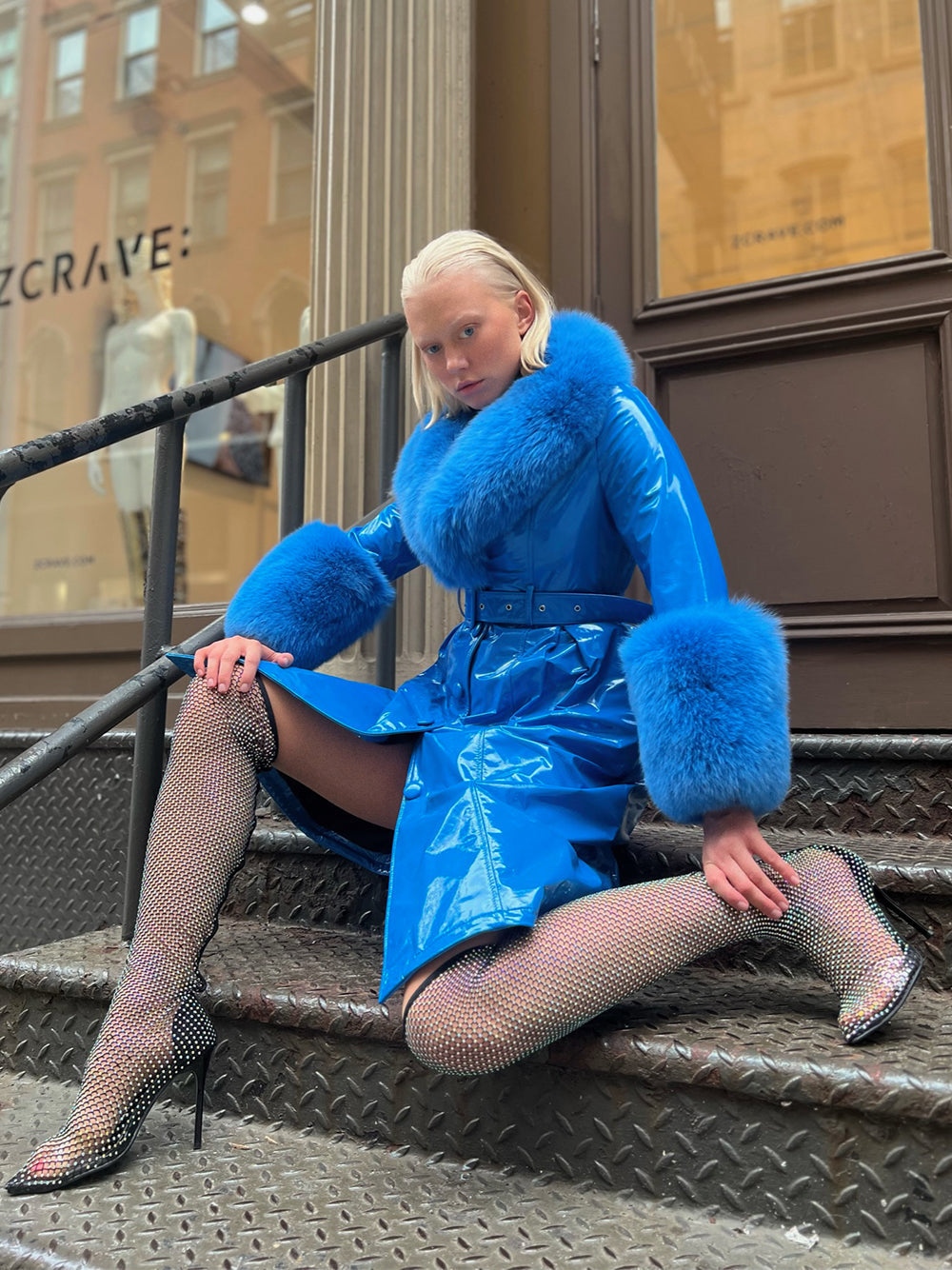 Blue Fox Fur Collar Cuff Belted Patent Leather Coat 17