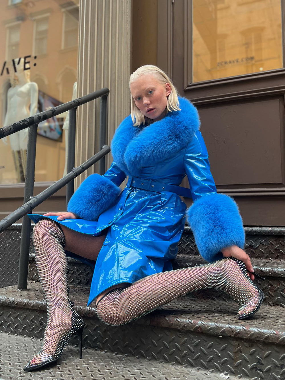Blue Fox Fur Collar Cuff Belted Patent Leather Coat 15