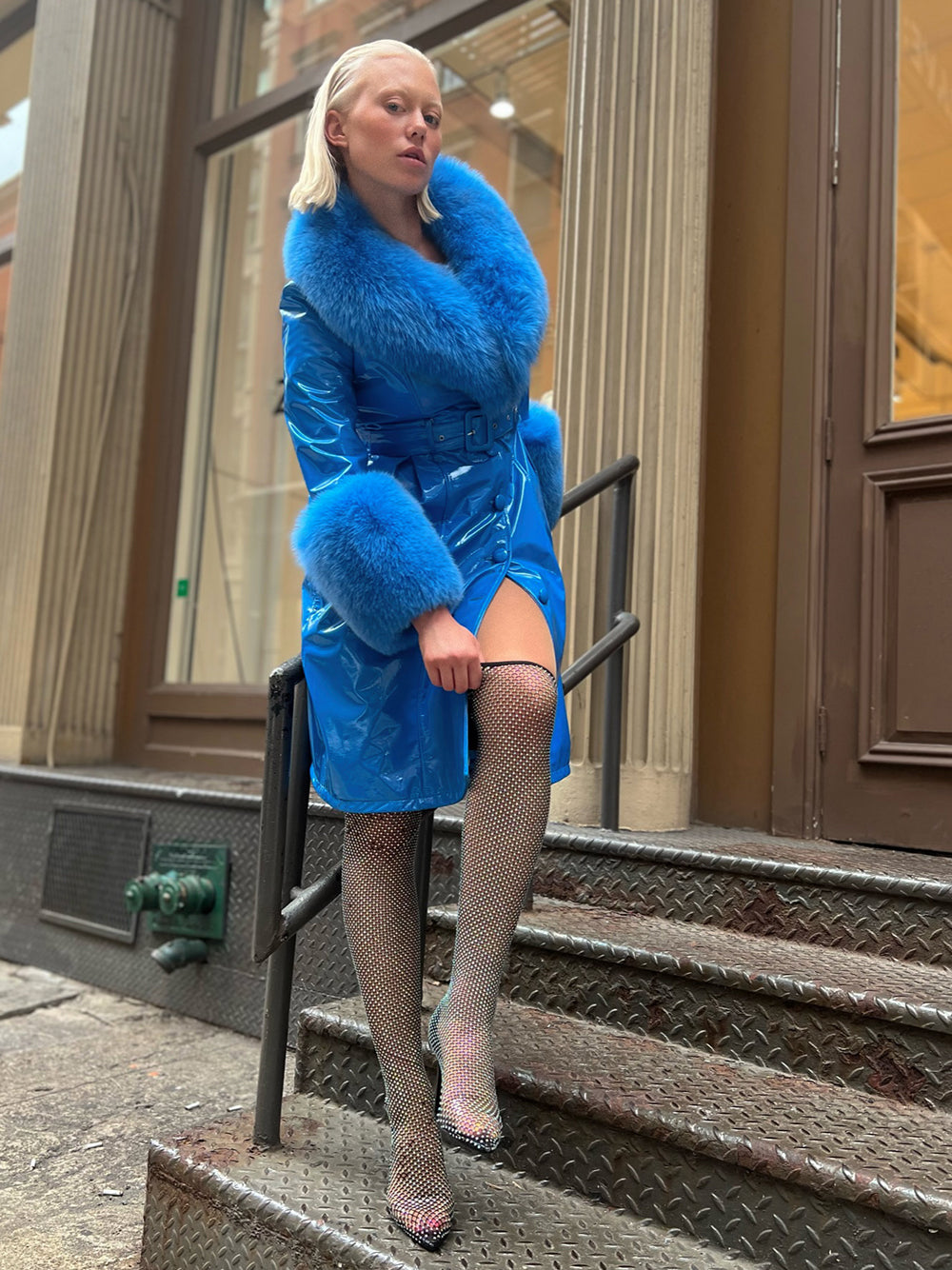Blue Fox Fur Collar Cuff Belted Patent Leather Coat 14