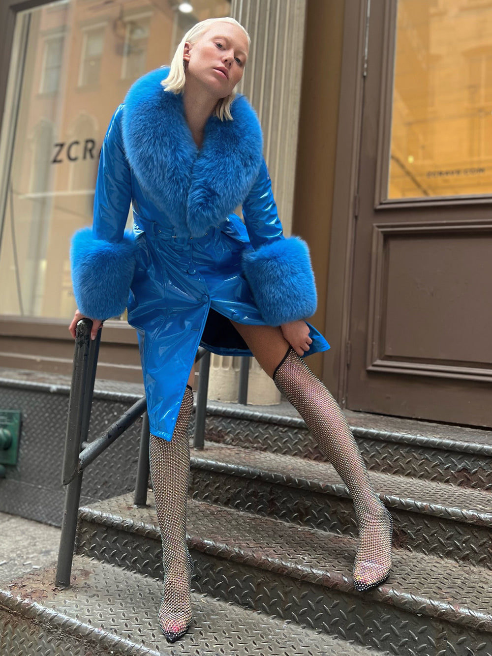 Blue Fox Fur Collar Cuff Belted Patent Leather Coat 20