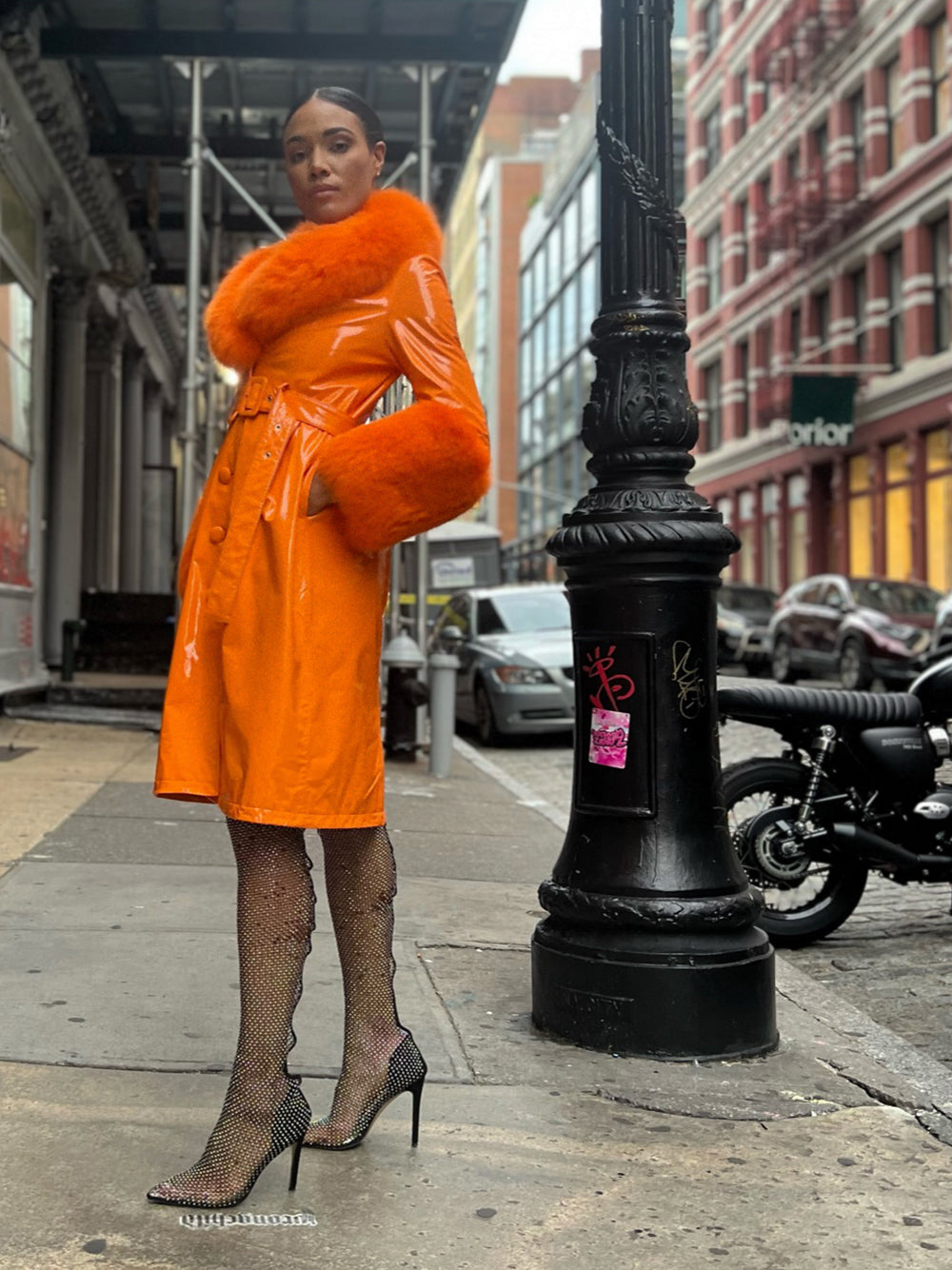 Orange Fur Collar Fur Cuff Belted Patent Leather Trench Coat 29