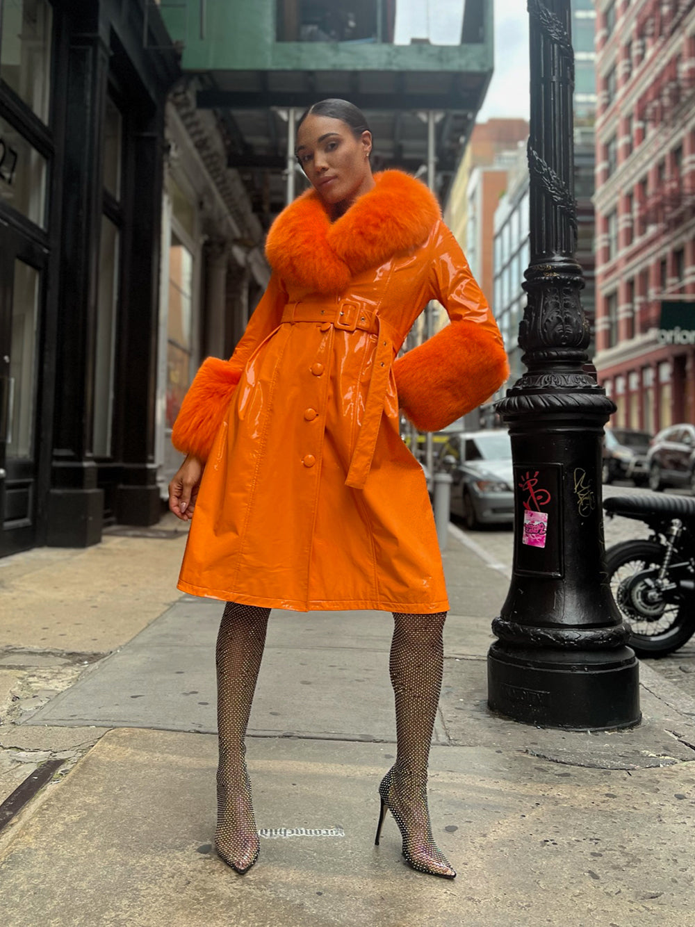 Orange Fur Collar Fur Cuff Belted Patent Leather Trench Coat 27