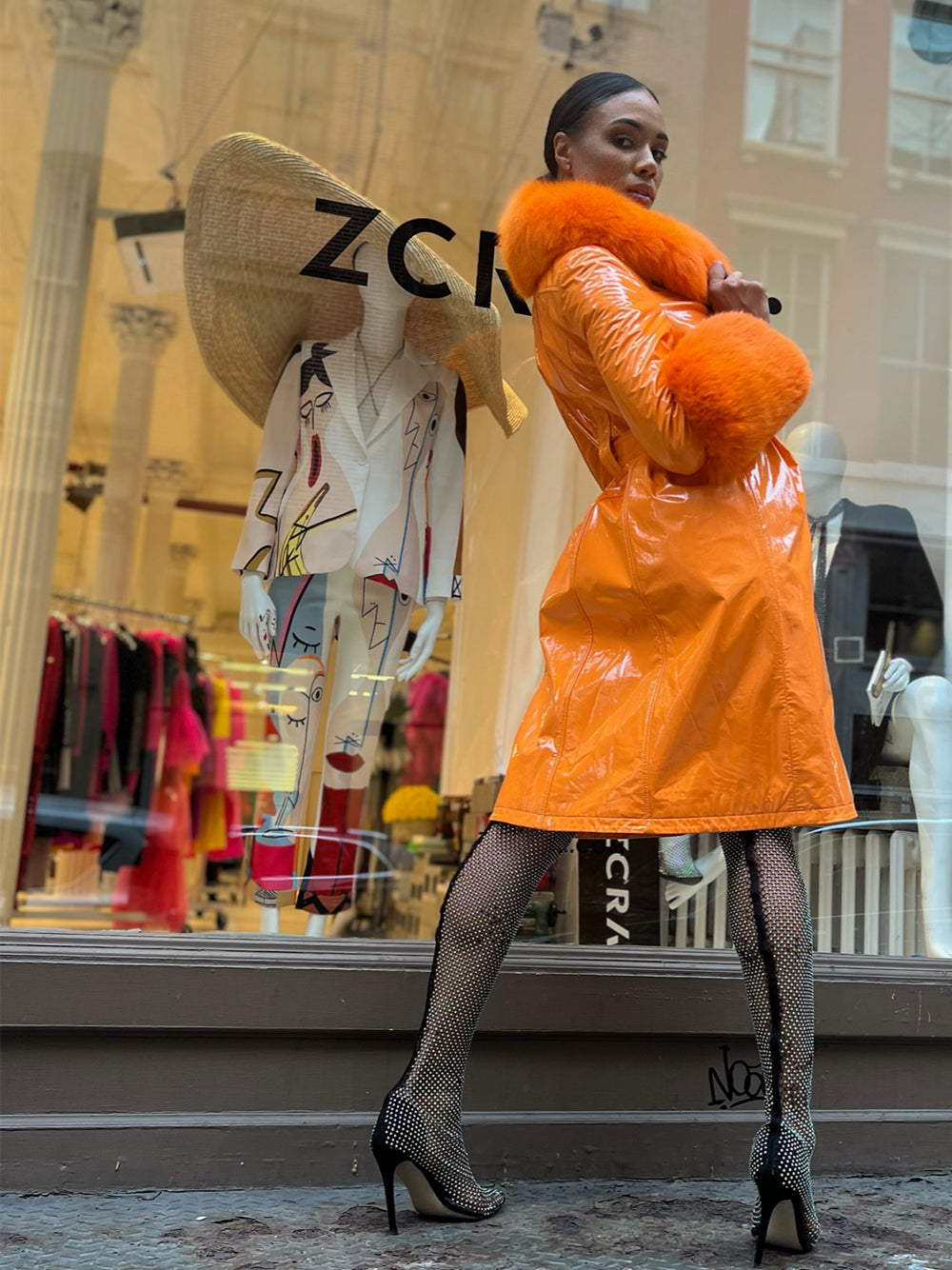 Orange Fur Collar Fur Cuff Belted Patent Leather Trench Coat 28