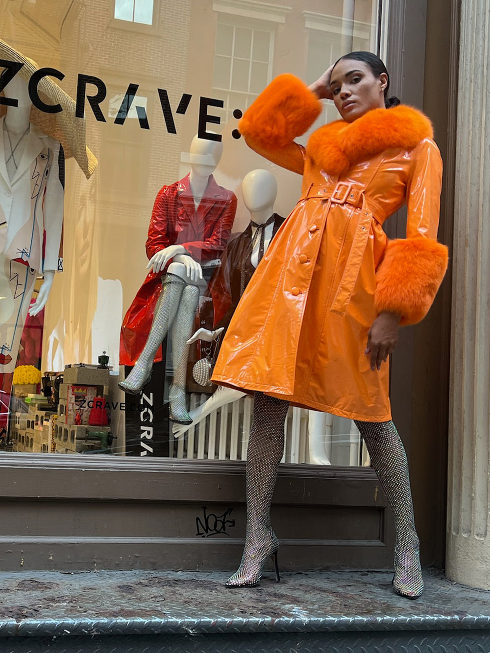 Orange Fur Collar Fur Cuff Belted Patent Leather Trench Coat 31