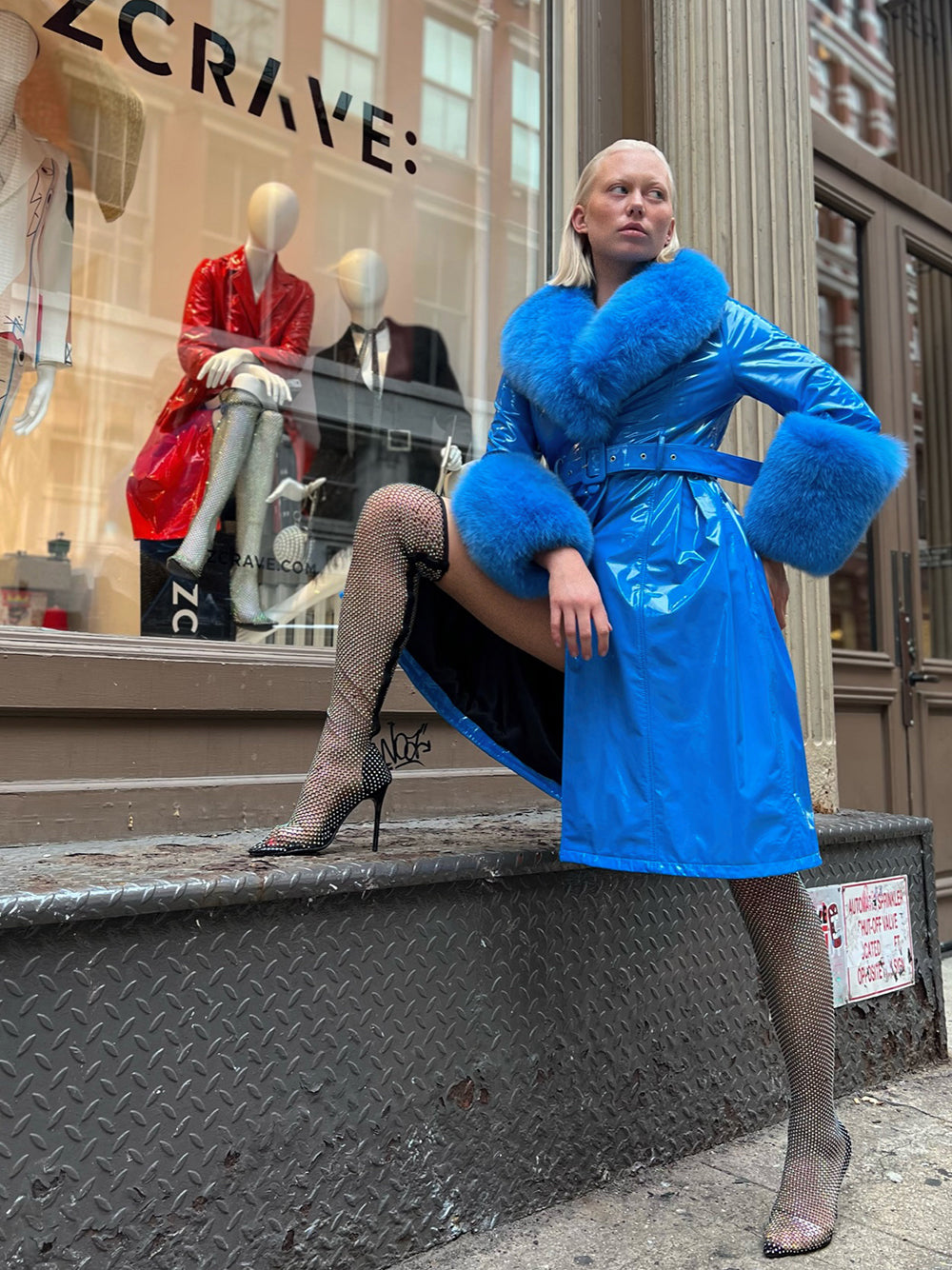 Blue Fox Fur Collar Cuff Belted Patent Leather Coat 18