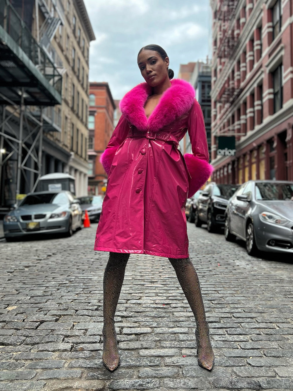 Fuchsia Fur Collar Fur Cuff Button-Up Belted Patent Leather Coat 9