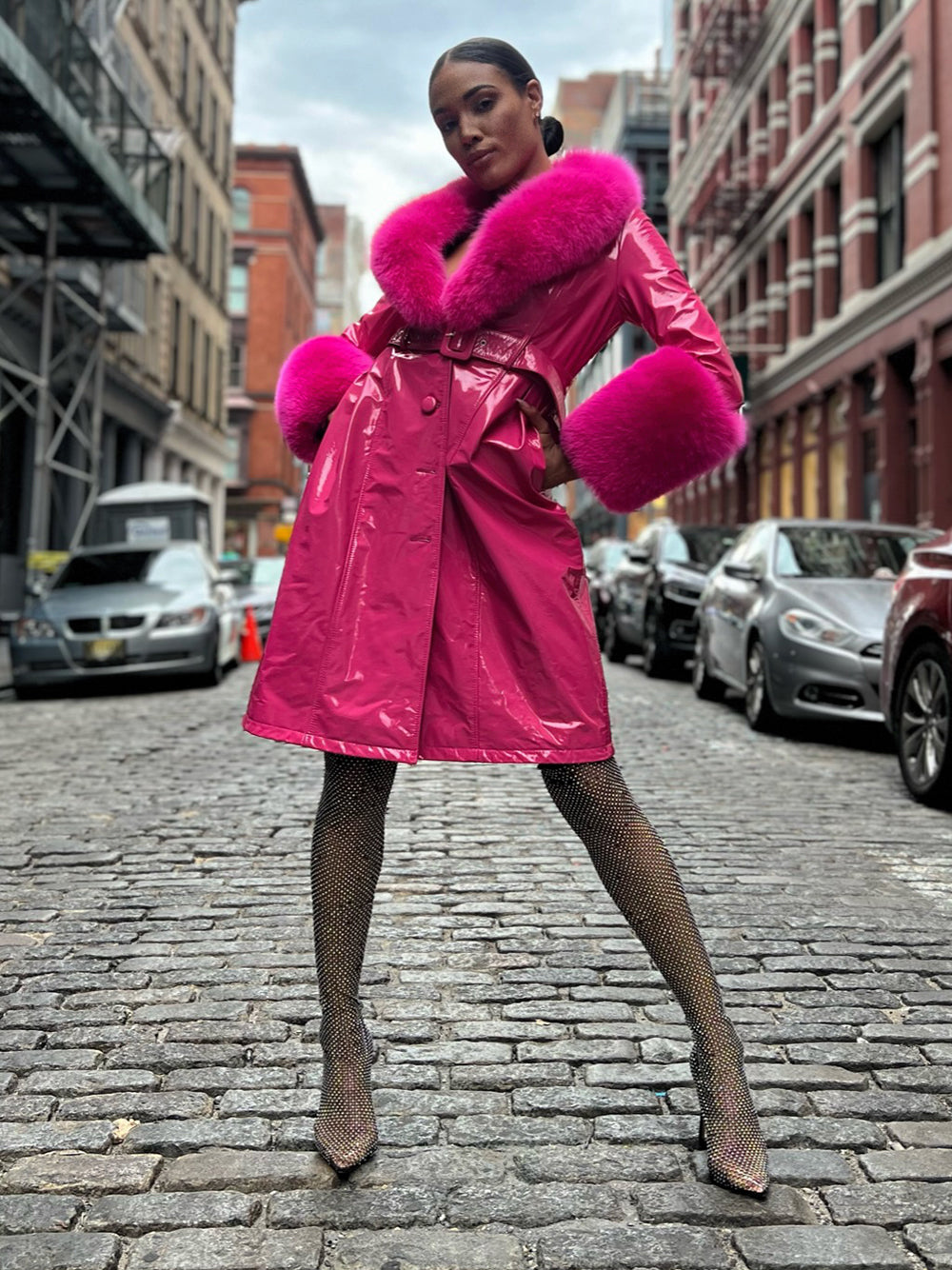 Fuchsia Fur Collar Fur Cuff Button-Up Belted Patent Leather Coat 5