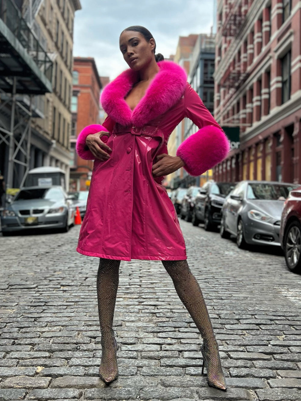 Fuchsia Fur Collar Fur Cuff Button-Up Belted Patent Leather Coat 8
