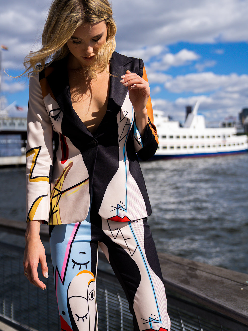 Black Abstract Face Print Blazer And Pants Matching Set