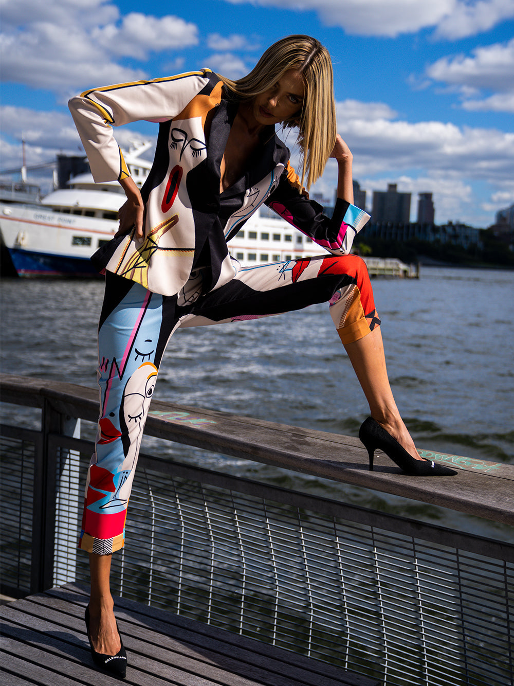 Black Abstract Face Print Blazer And Pants Matching Set