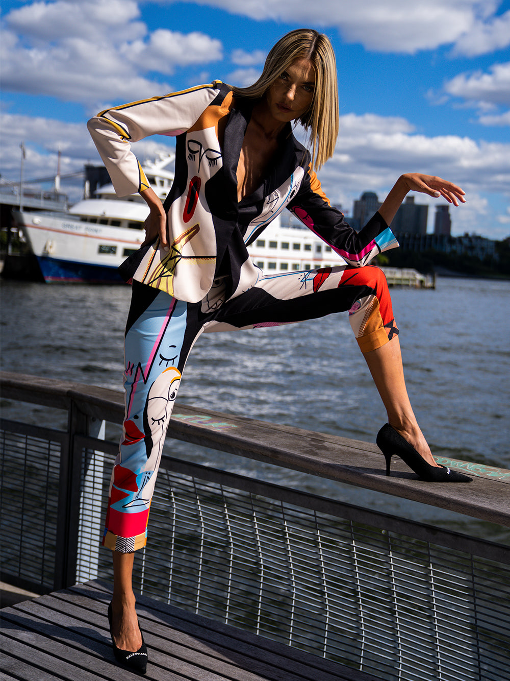Black Abstract Face Print Blazer And Pants Matching Set