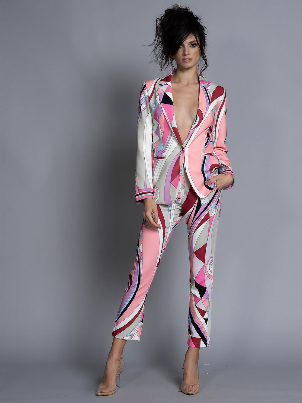 Pink Geometric Abstract Print Blazer and Pants Set 2
