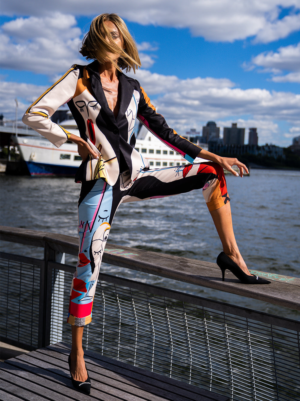 Black Abstract Face Print Blazer And Pants Matching Set