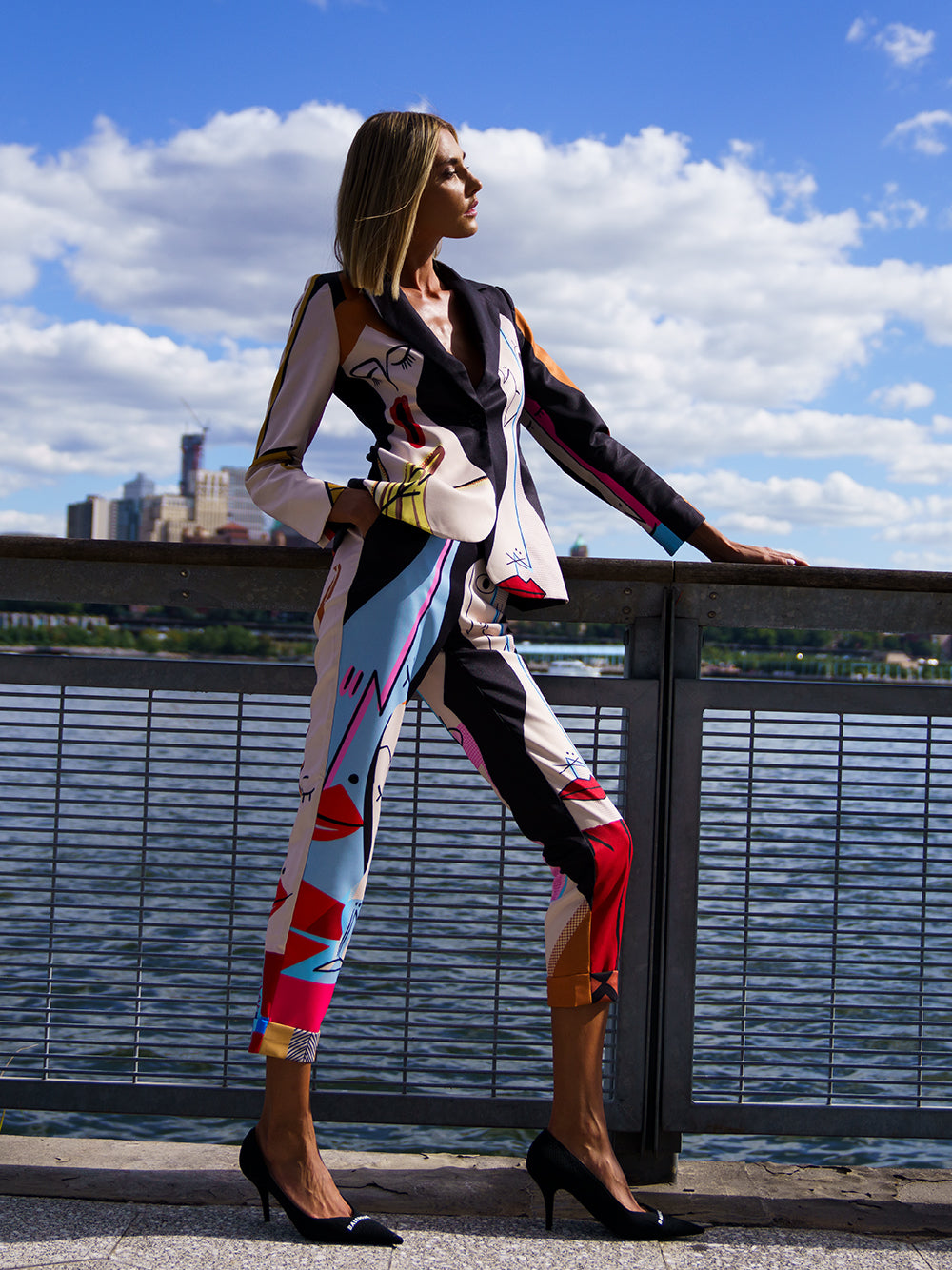 Black Abstract Face Print Blazer And Pants Matching Set