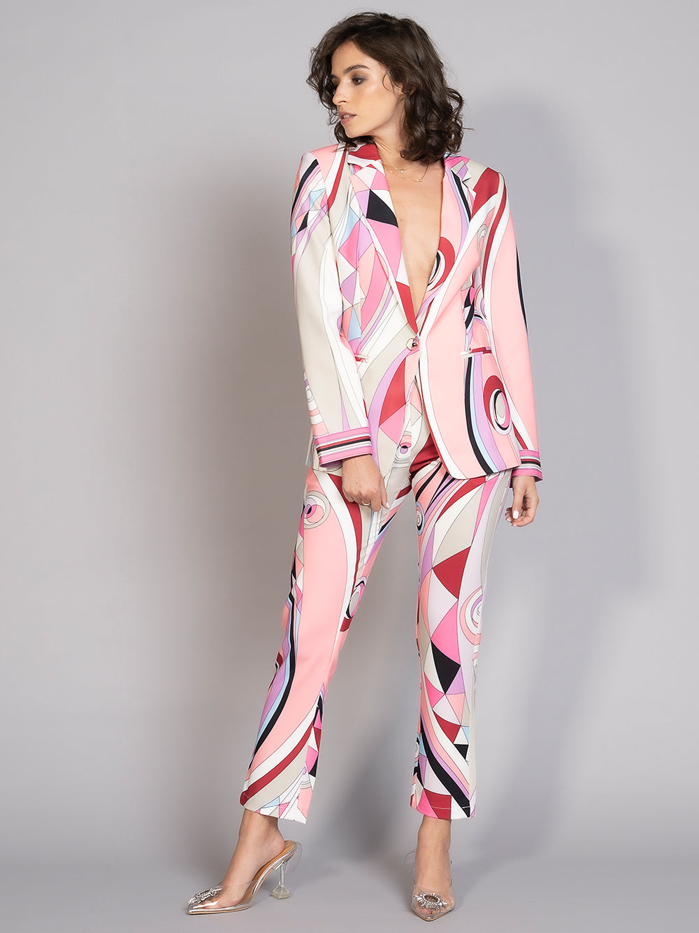 Pink Geometric Abstract Print Blazer and Pants Set 7