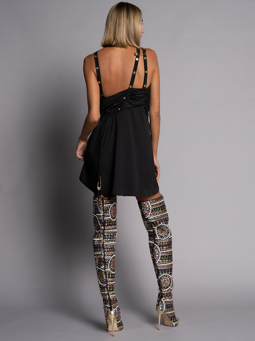 Black Asymmetric Neck Safety Pin Draped Satin A-Line Mini Dress