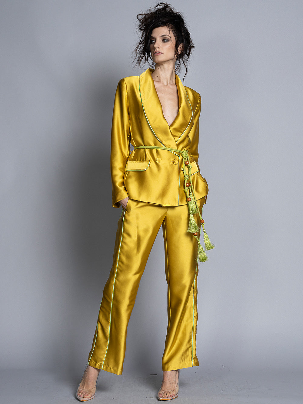 Gold Shawl Lapel Satin Tassel Belt Blazer and Pants Set