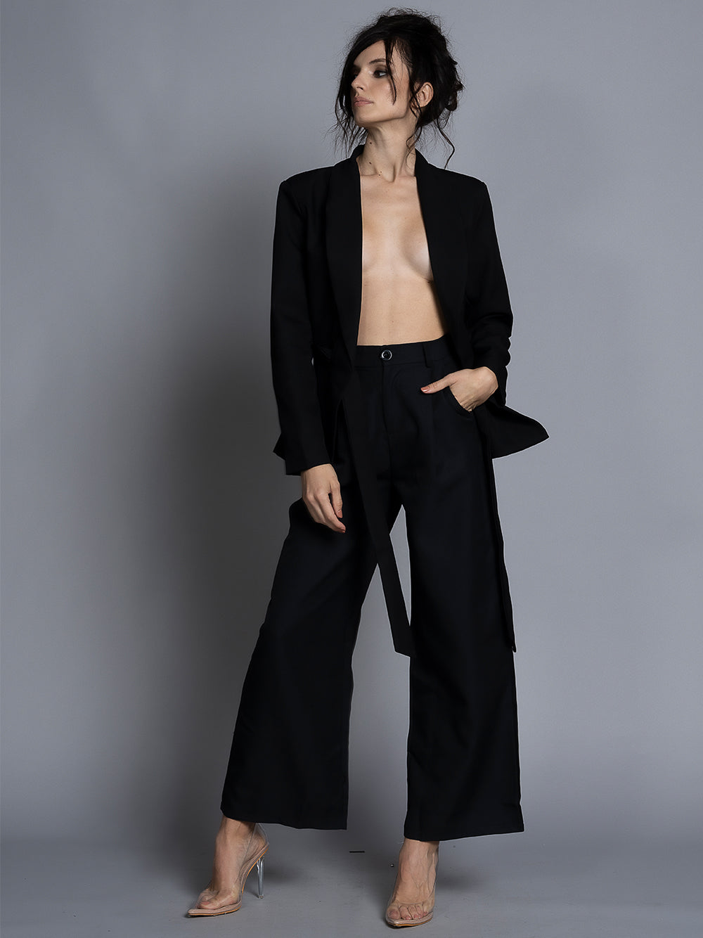 Black Collarless Open Front Blazer Wide Leg Pants Set 3