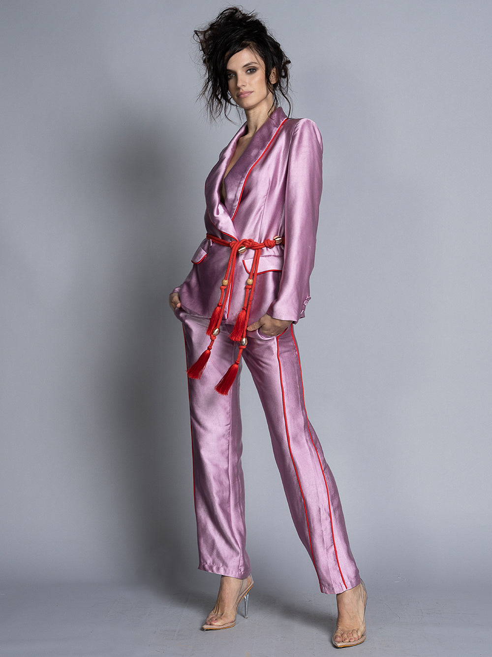 Pink Shawl Collar Contrast Piping Tassel Belt Satin Blazer Pants Set