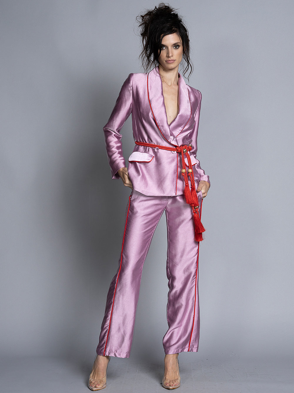 Pink Shawl Collar Contrast Piping Tassel Belt Satin Blazer Pants Set