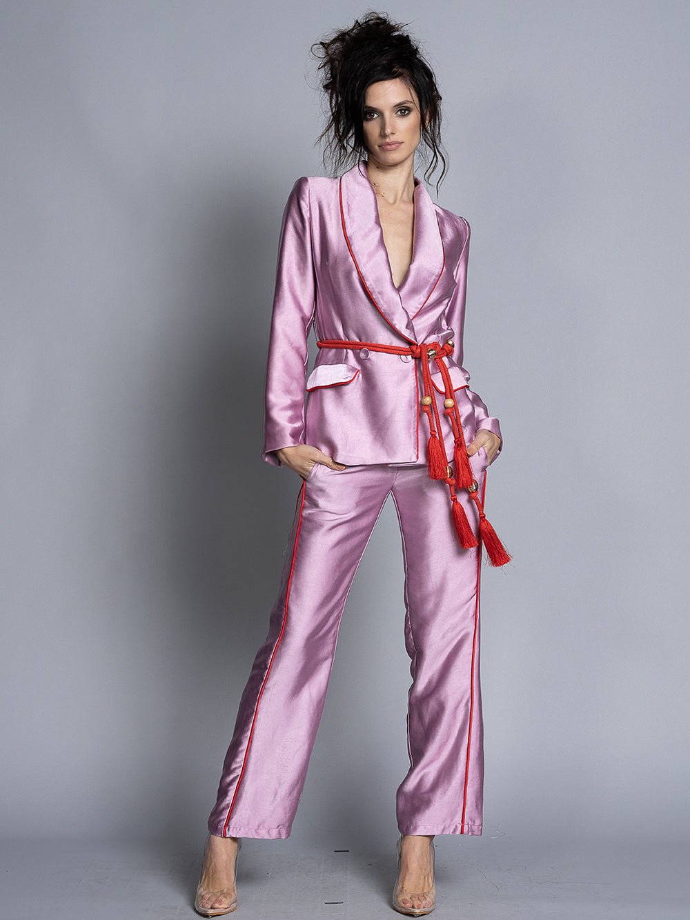 Pink Shawl Collar Contrast Piping Tassel Belt Satin Blazer Pants Set