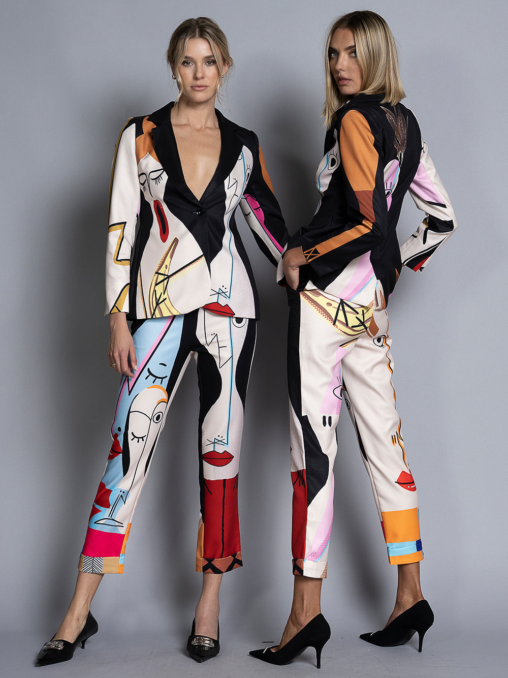 Black Abstract Face Print Blazer And Pants Matching Set
