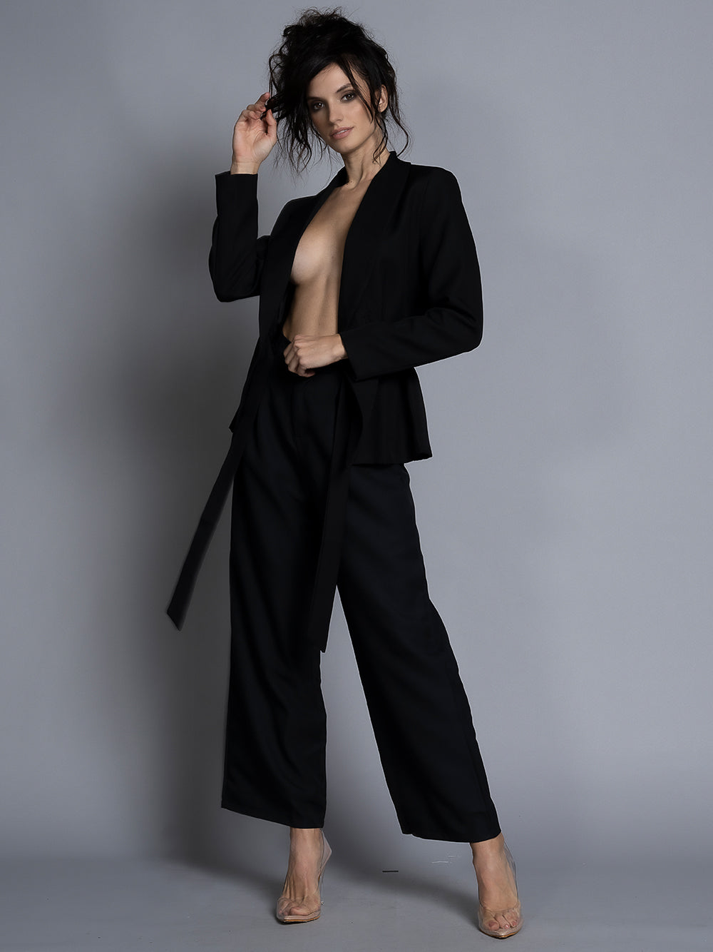 Black Collarless Open Front Blazer Wide Leg Pants Set 4