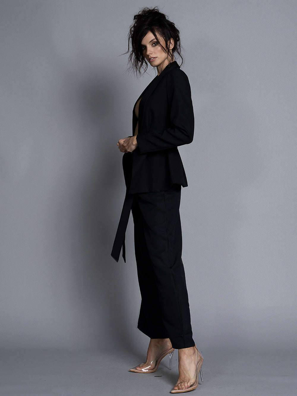 Black Collarless Open Front Blazer Wide Leg Pants Set 2